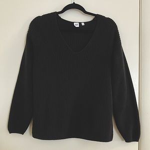 Gap Small Black Vneck Cotton Shaker Stitch Sweater